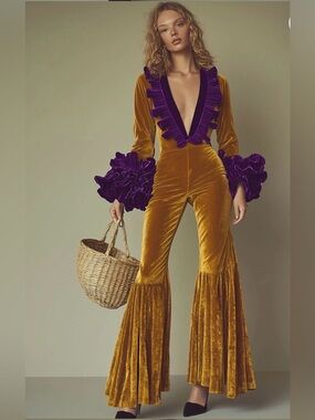 Fashion Party Purple Ruffle V-Neck Long Sleeve Flared Gold Velvet Jumpsuit